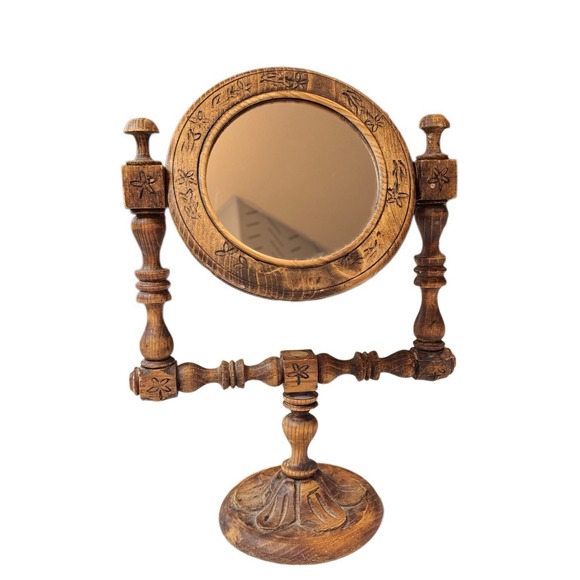 Vintage Dark Brown Wood Vanity Mirror Carved Swivel Round Gothic Style 13" Tall - Picture 1 of 2